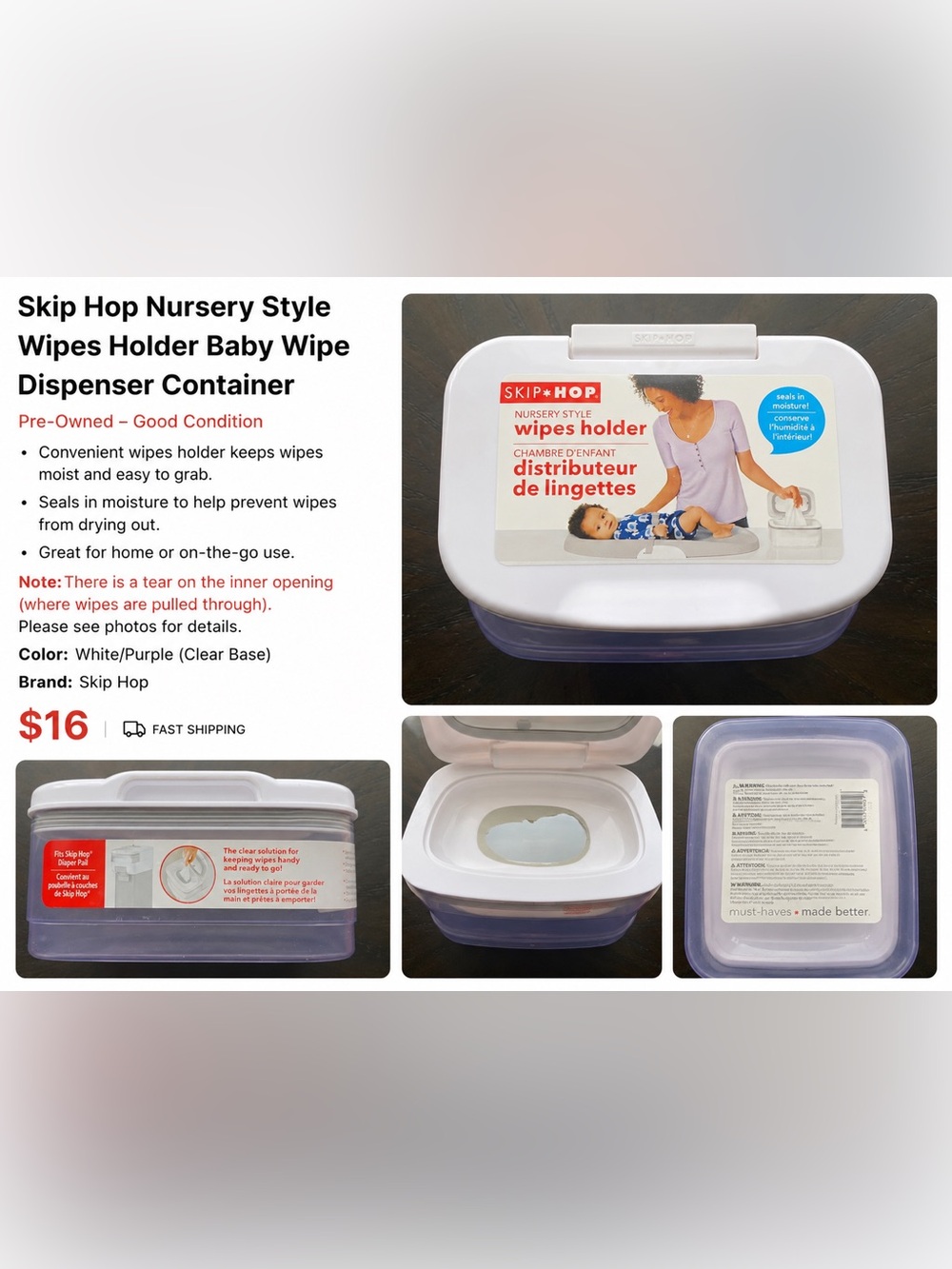 Skip Hop White and Purple Nursery Wipes Dispenser